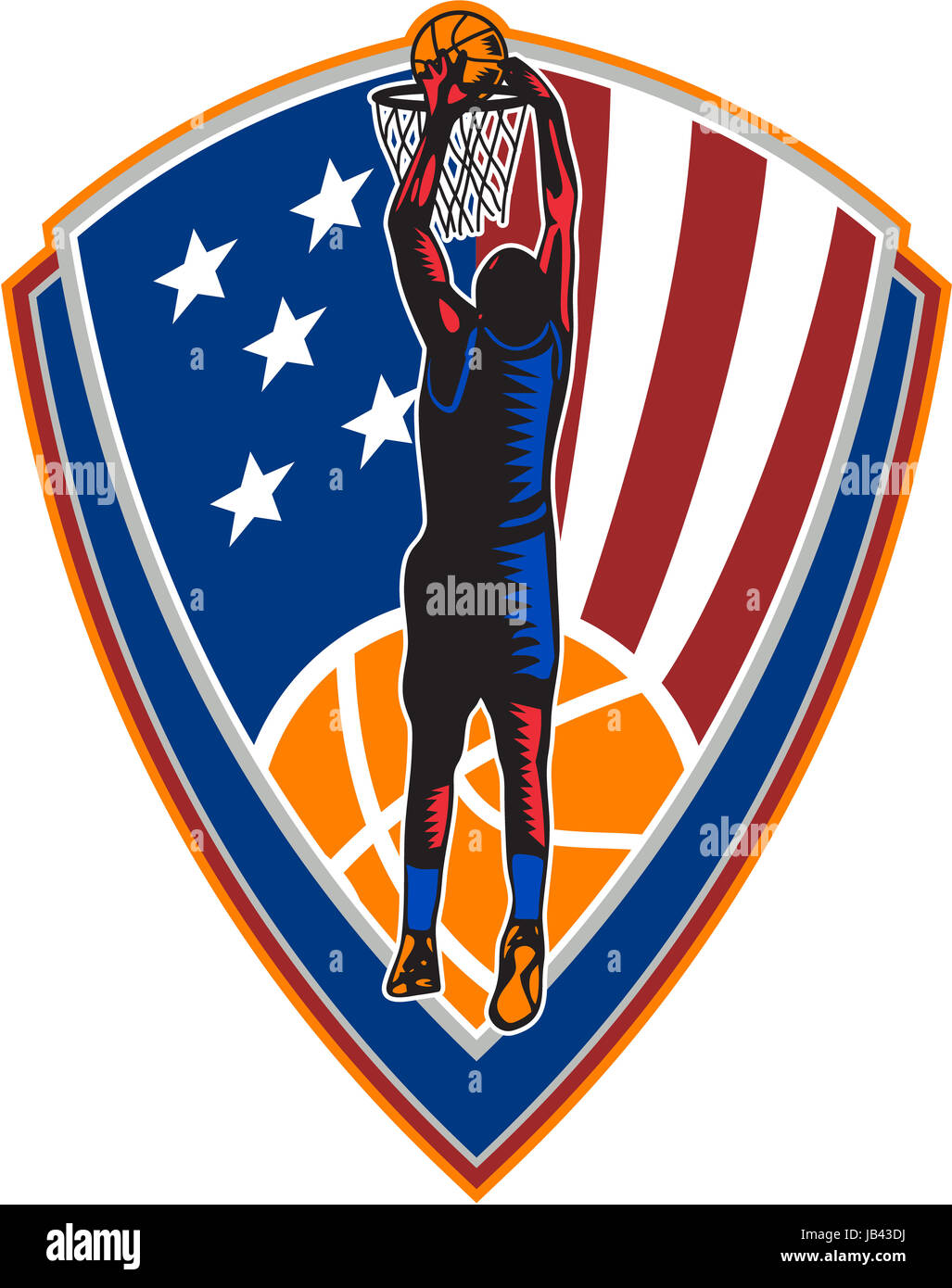 Illustration of a basketball player dunking rebounding ball set inside American stars and stripes flag shield crest done in retro style on isolated background. Stock Photo