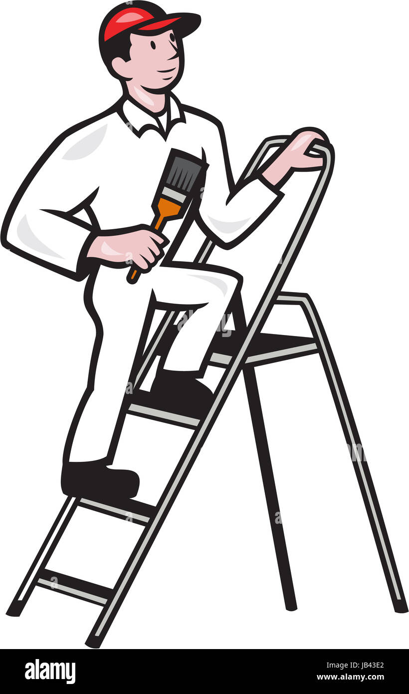 Illustration of a House painter with paintbrush standing on ladder on isolated white background done in cartoon style. Stock Photo