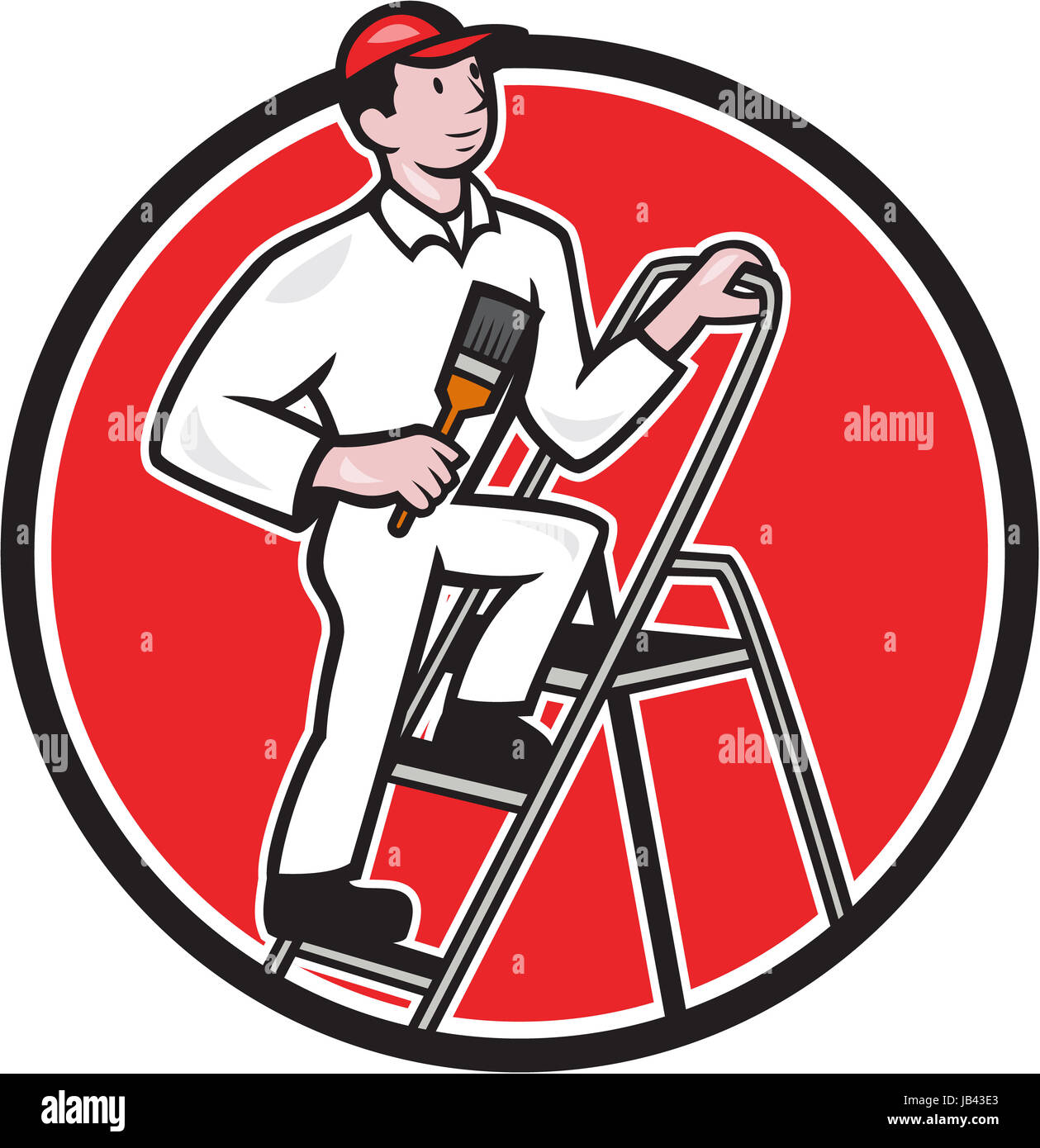 Illustration of a House painter with paintbrush standing on ladder on isolated white background done in cartoon style. Stock Photo