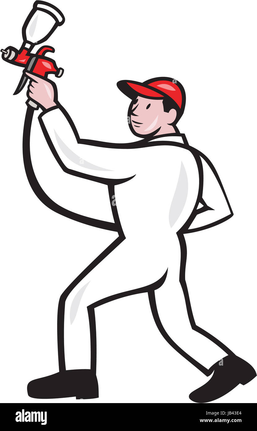 Illustration of a painter spraying with spray paint gun viewed from the