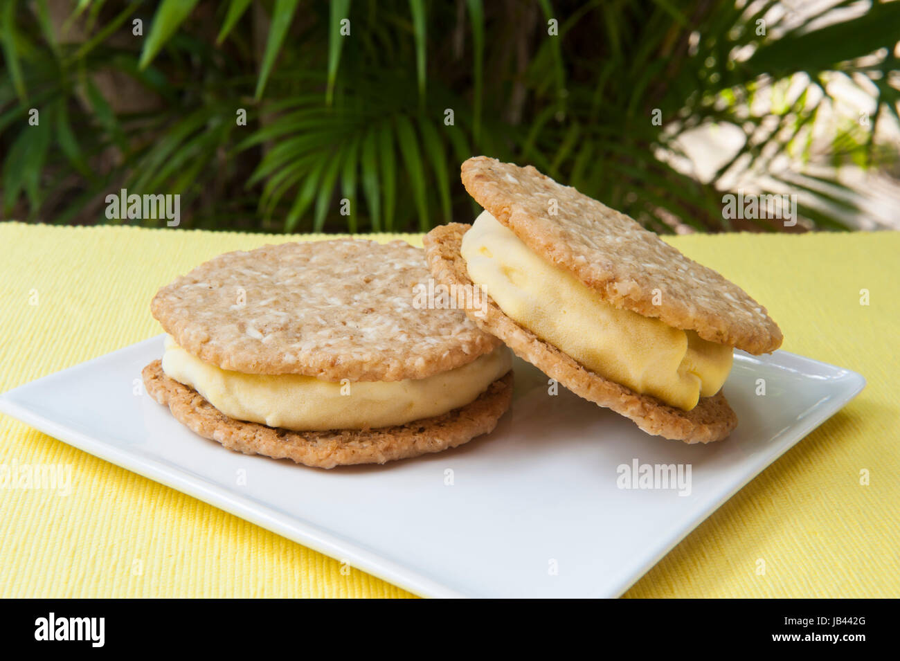 Lemon ice cream and oatmeal cookies ice cream sandwich Stock Photo