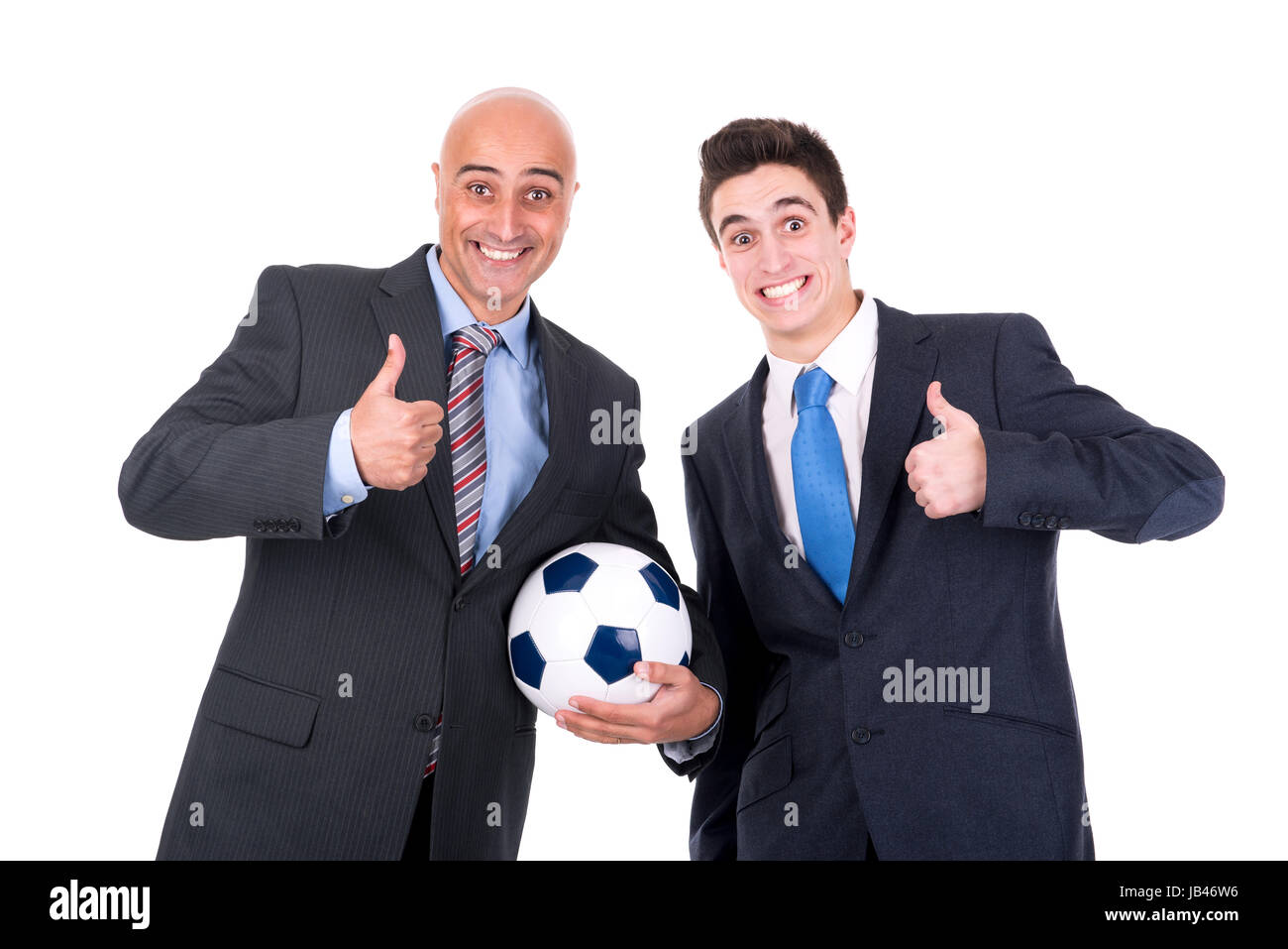 Happy businessmen with a soccer ball isolated in white Stock Photo - Alamy
