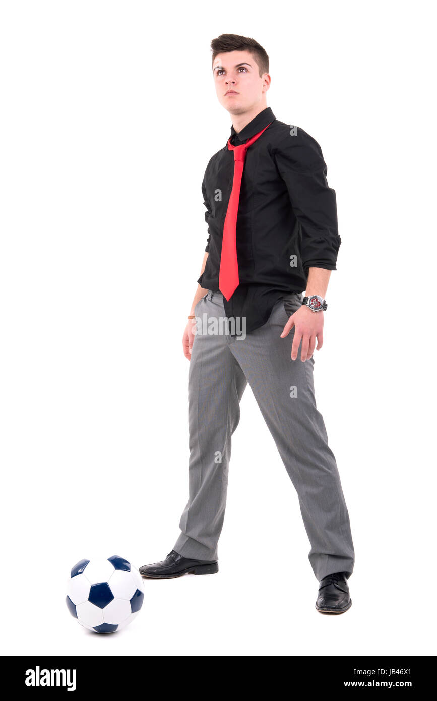 Businessman playing soccer ball isolated in white Stock Photo - Alamy