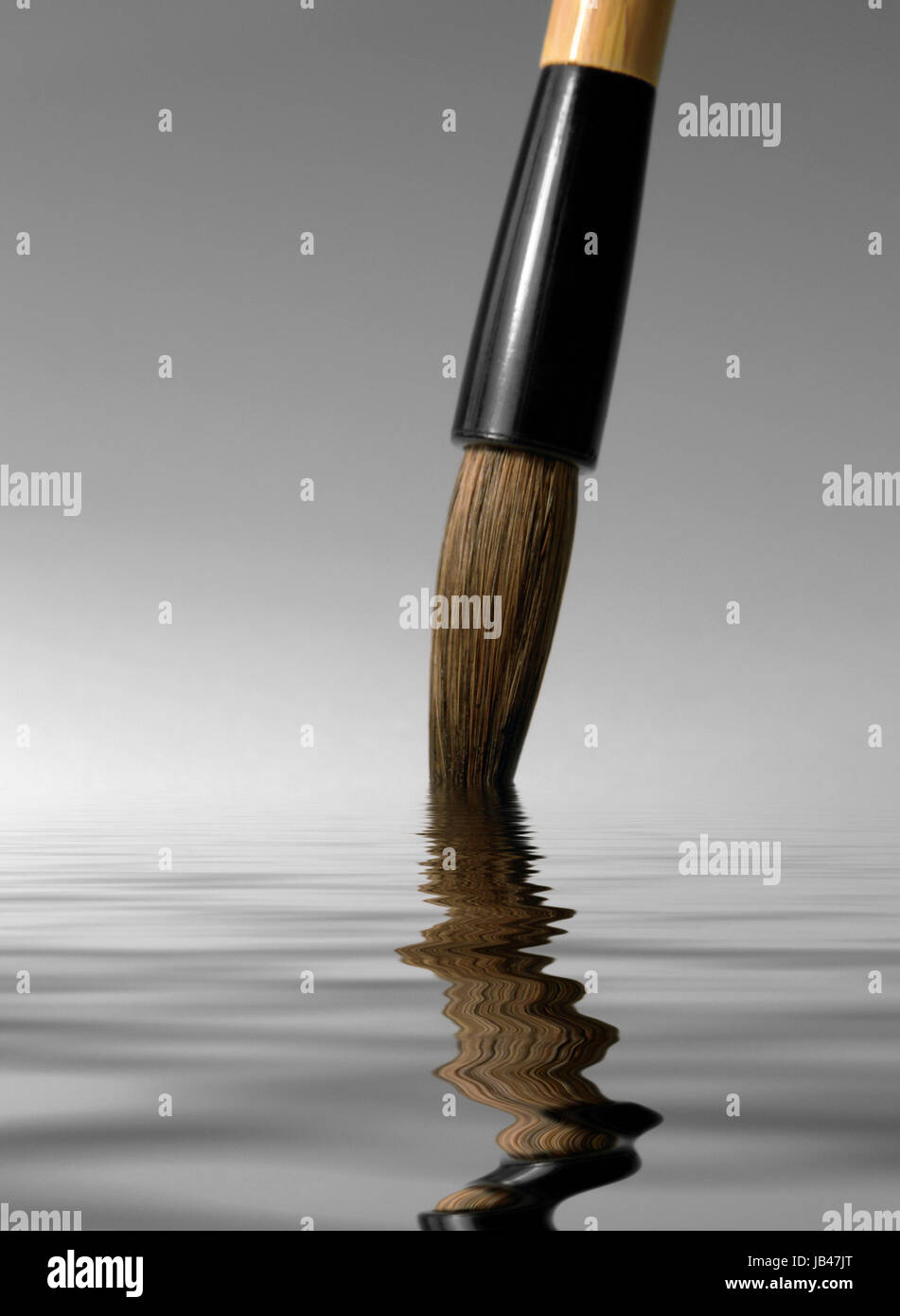 detail of a chinese brush tip dipped in a reflective water surface in grey back Stock Photo