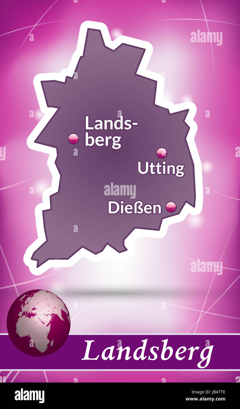 Landsberg in Bayern als Inselkarte mit abstraktem Hintergrund  in Violett. Durch die ansprechende Gestaltung fügt sich die Karte perfekt in Ihr Vorhaben ein. Stock Photo