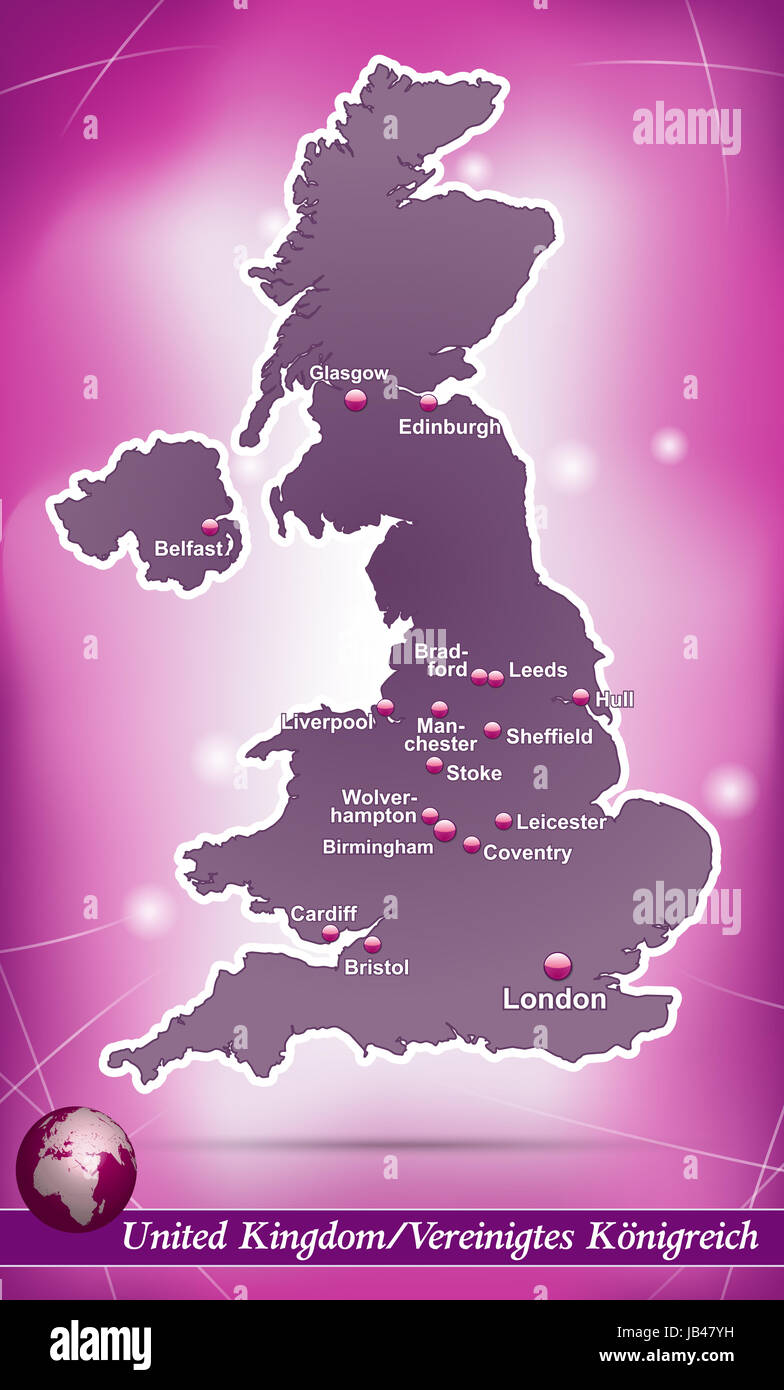 Vereinigtes Königreich in  Europa als Inselkarte mit abstraktem Hintergrund  in Violett. Durch die ansprechende Gestaltung fügt sich die Karte perfekt in Ihr Vorhaben ein. Stock Photo
