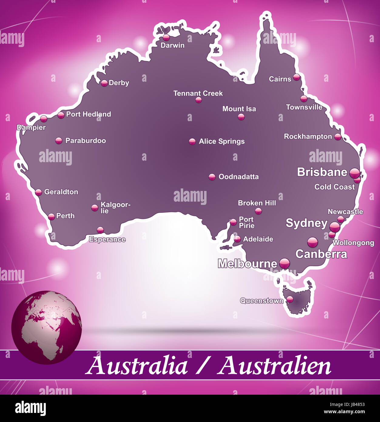 Kontinent Australien in der Welt als Inselkarte mit abstraktem Hintergrund in Violett. Durch die 