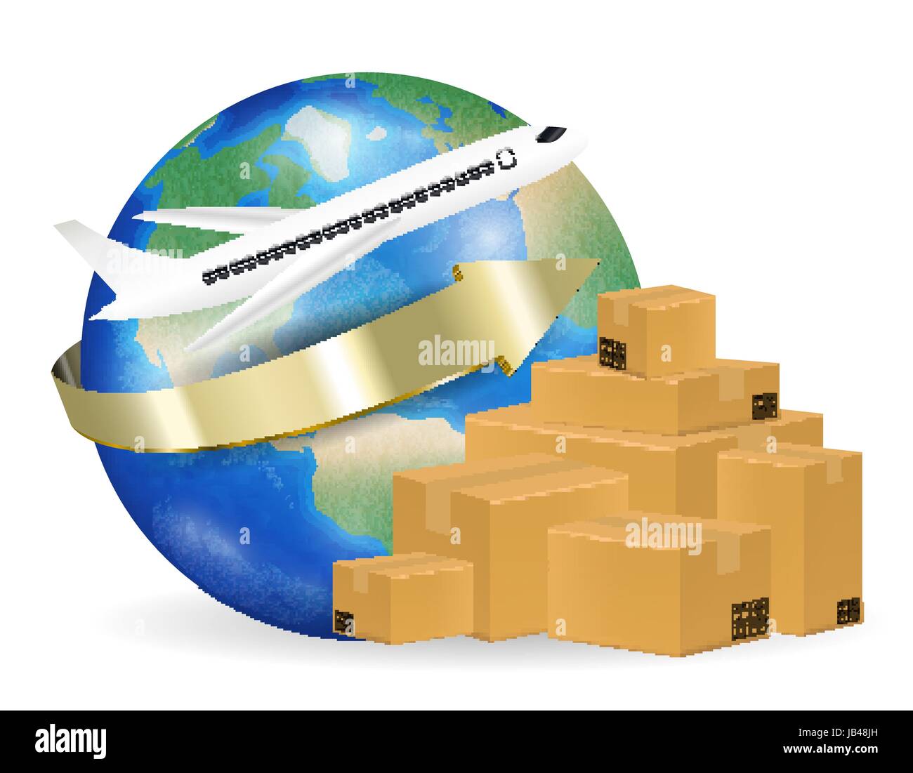 airplane shipping corrugated carton box around the world Stock Vector