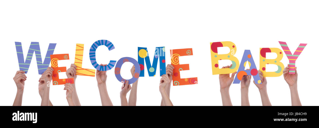 Welcome Baby Hand Lettering Hands Holding Colorful Letters which mean Welcome Baby, Isolated Stock ...