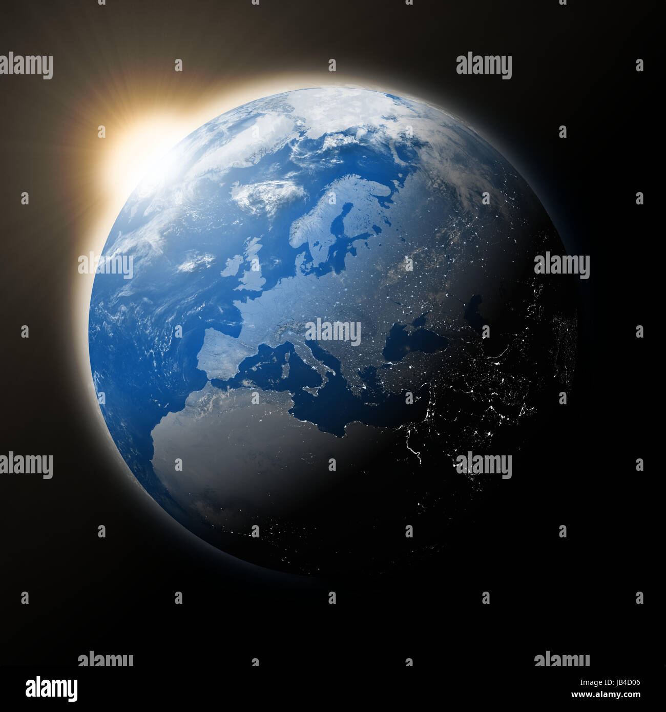 Sun over Europe on blue planet Earth isolated on black background ...