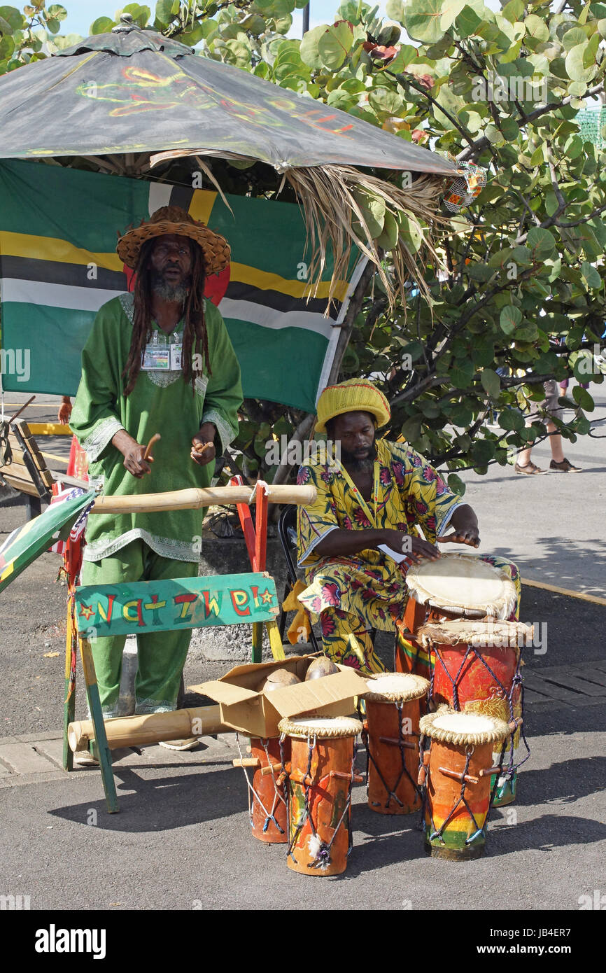 ROSEAU, DOMINICA - December 2013: Typical caribbean reggae musician on December 03, 2013 in Roseau, Dominica Stock Photo