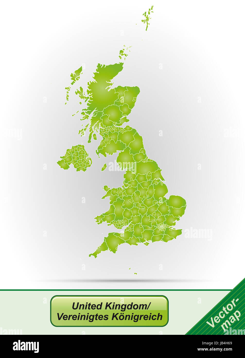 Vereinigtes Königreich in  Europa als Grenzkarte mit Grenzen in Grün. Durch die ansprechende Gestaltung fügt sich die Karte perfekt in Ihr Vorhaben ein. Stock Photo