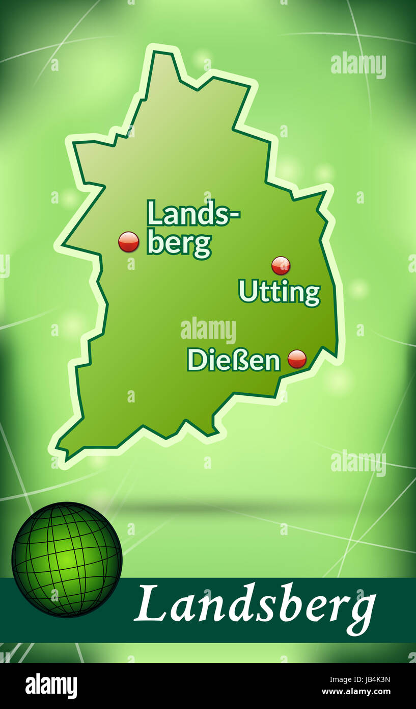 Landsberg in Bayern als Inselkarte mit abstraktem Hintergrund  in Grün. Durch die ansprechende Gestaltung fügt sich die Karte perfekt in Ihr Vorhaben ein. Stock Photo