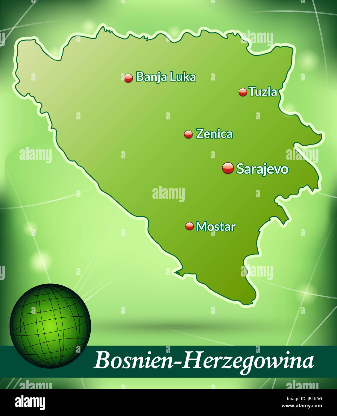 Bosnien und Herzegowina in Europa als Inselkarte mit abstraktem Hintergrund in Grün. Durch die 
