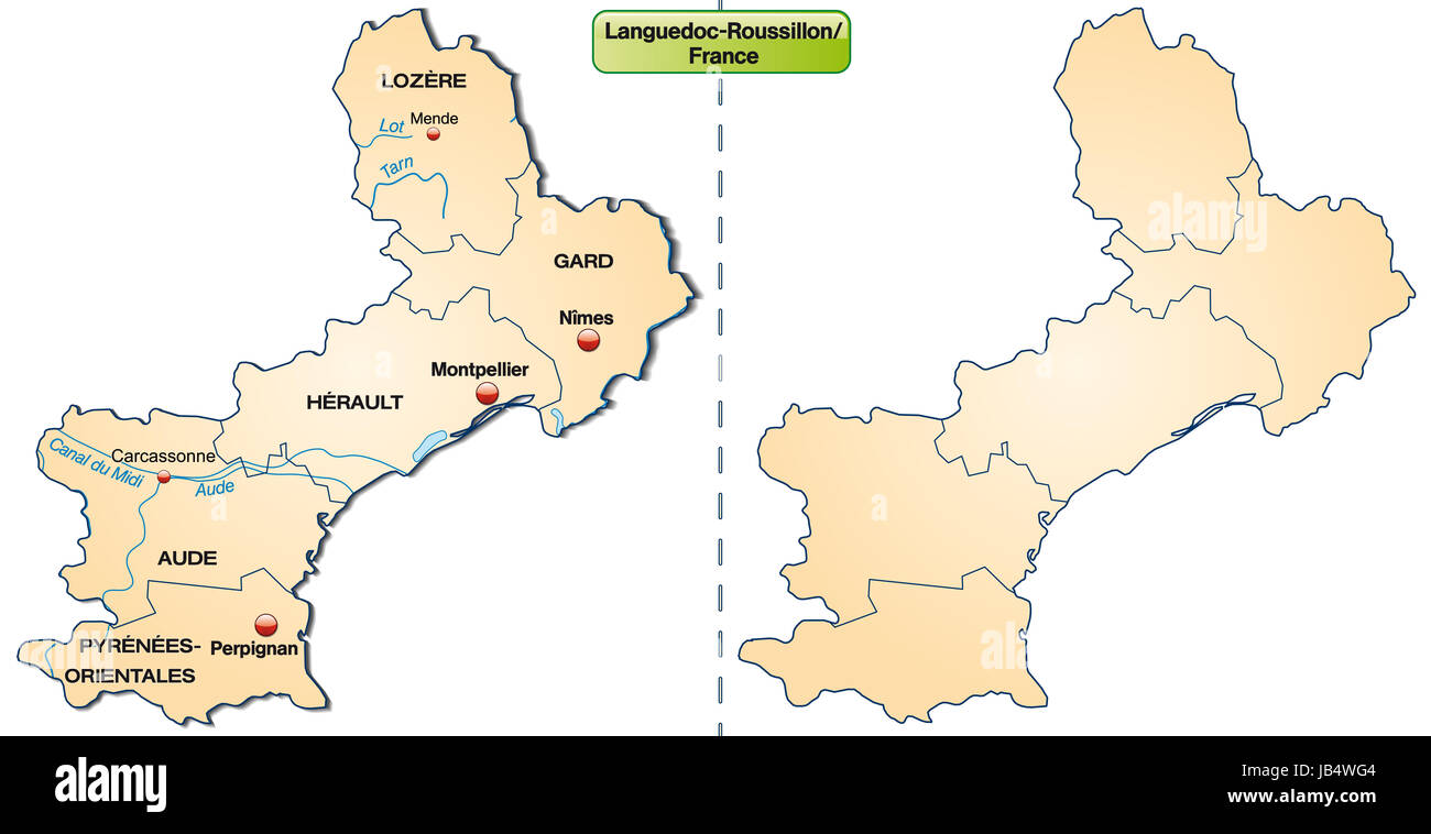 Languedoc-Roussillon in Frankreich als Inselkarte mit Grenzen in Pastellorange. Die Karte kann sofort für Ihr Vorhaben eingesetzt werden. Stock Photo