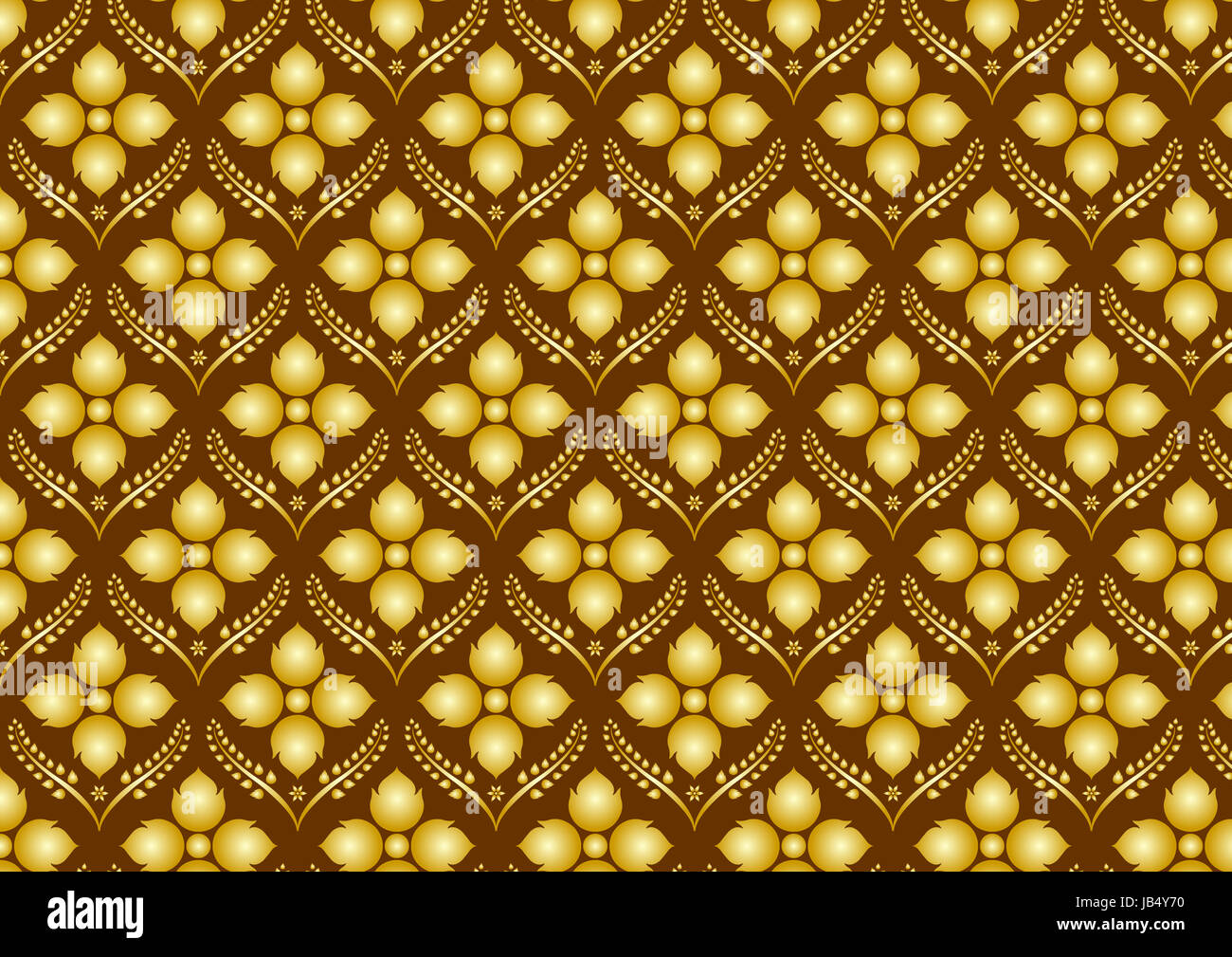 Gold Thai flower and 2 crops pattern on brown background. Thai pattern style Stock Photo