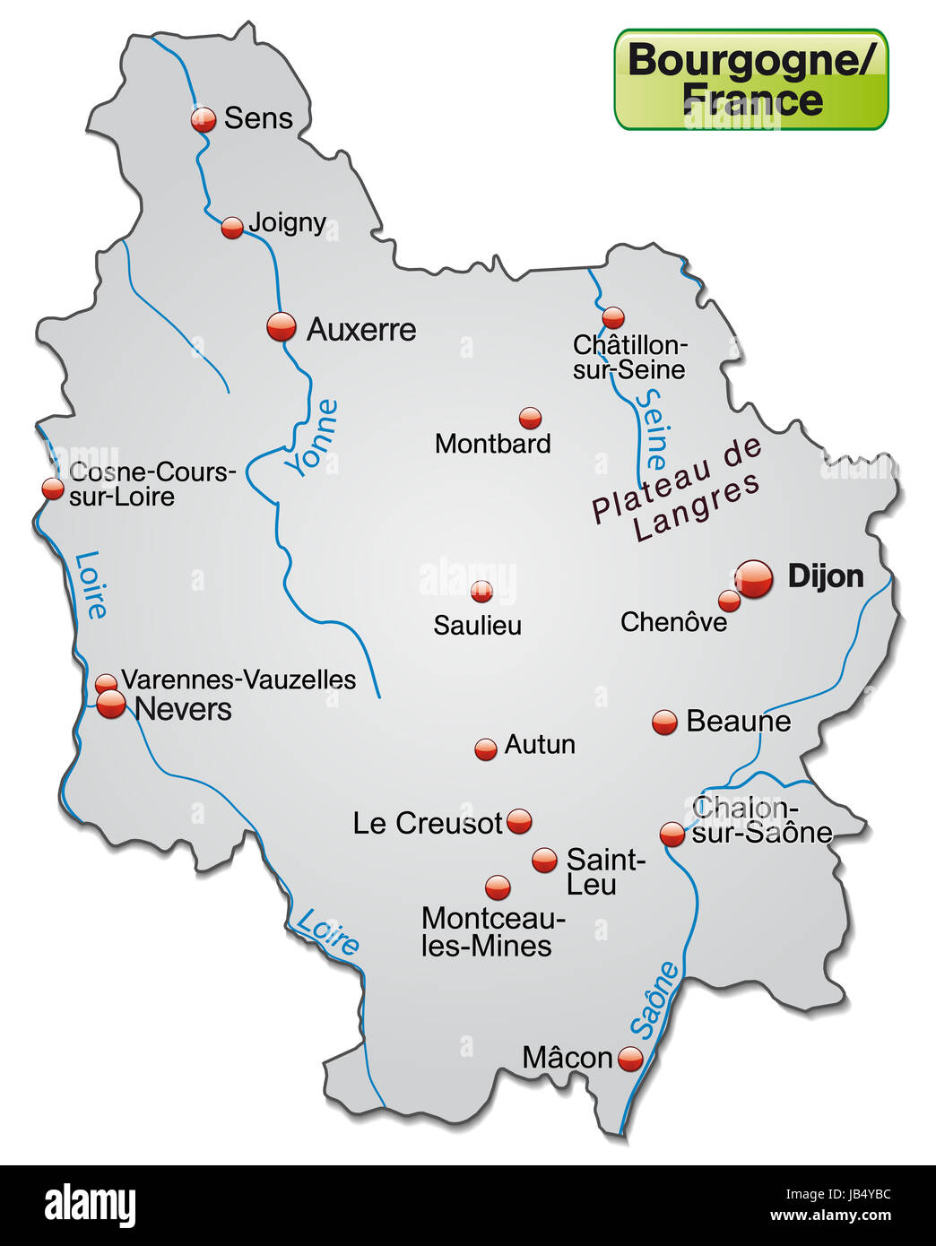 Burgund in Frankreich als Inselkarte (das dagestellte Gebiet ist freigestellt)  mit allen wichtigen topografischen Informationen in Grau. Die Karte ist optimiert für den Druck und den Einsatz in digitalen Medien. Stock Photo