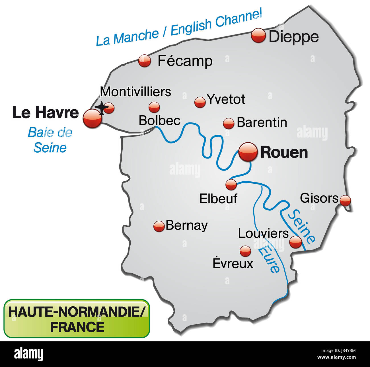 HauteNormandie in Frankreich als Inselkarte (das dagestellte Gebiet ist freigestellt) mit allen