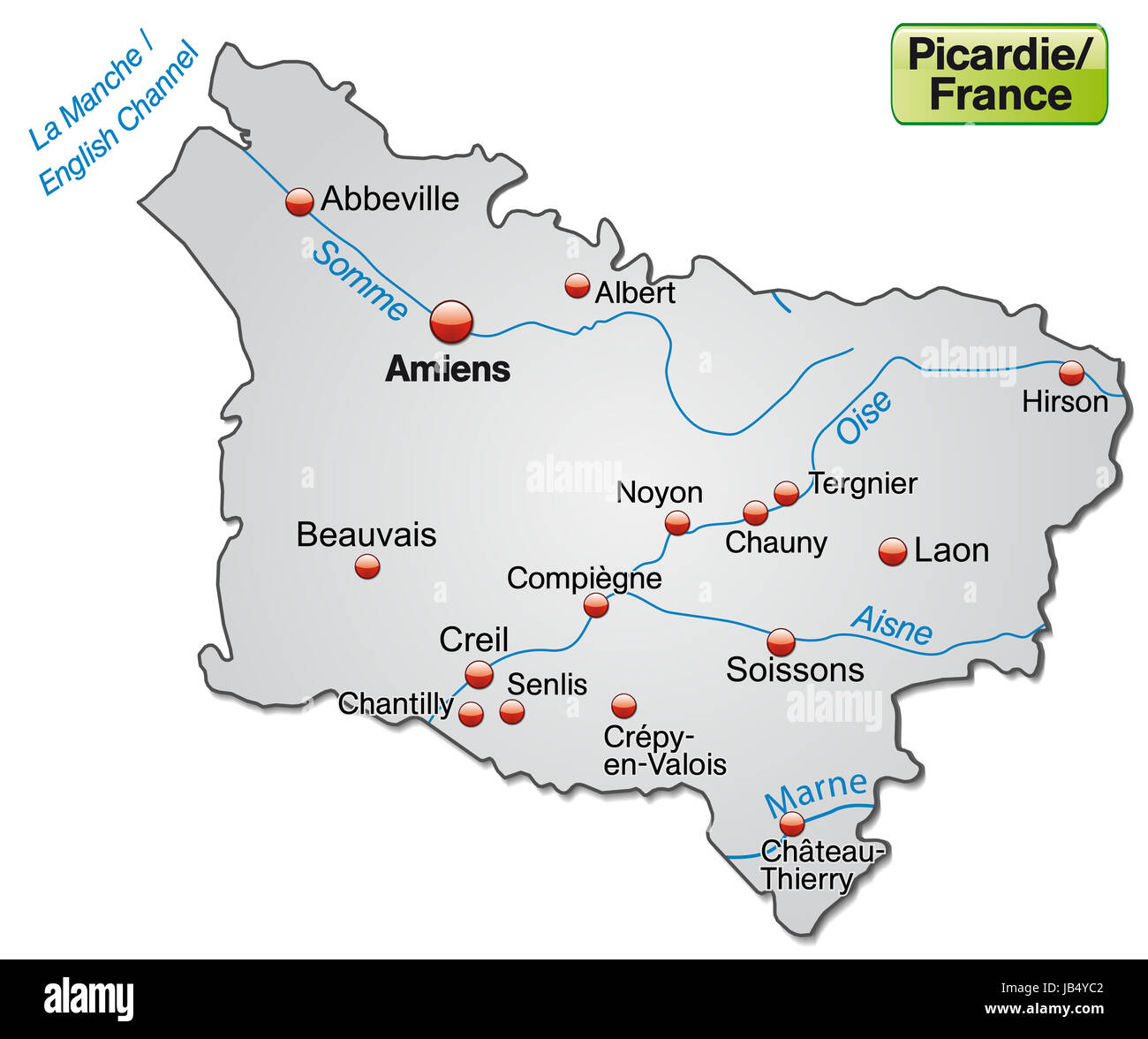 Picardie in Frankreich als Inselkarte (das dagestellte Gebiet ist freigestellt)  mit allen wichtigen topografischen Informationen in Grau. Durch die ansprechende Gestaltung fügt sich die Karte perfekt in Ihr Vorhaben ein. Stock Photo