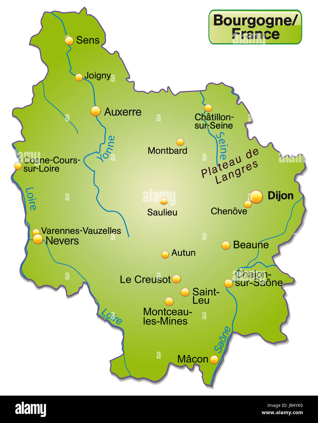Burgund in Frankreich als Inselkarte (das dagestellte Gebiet ist freigestellt)  mit allen wichtigen topografischen Informationen in Grün. Die Karte ist optimiert für den Druck und den Einsatz in digitalen Medien. Stock Photo