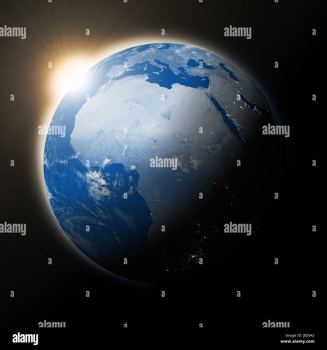 Sun over Africa on blue planet Earth isolated on black background ...