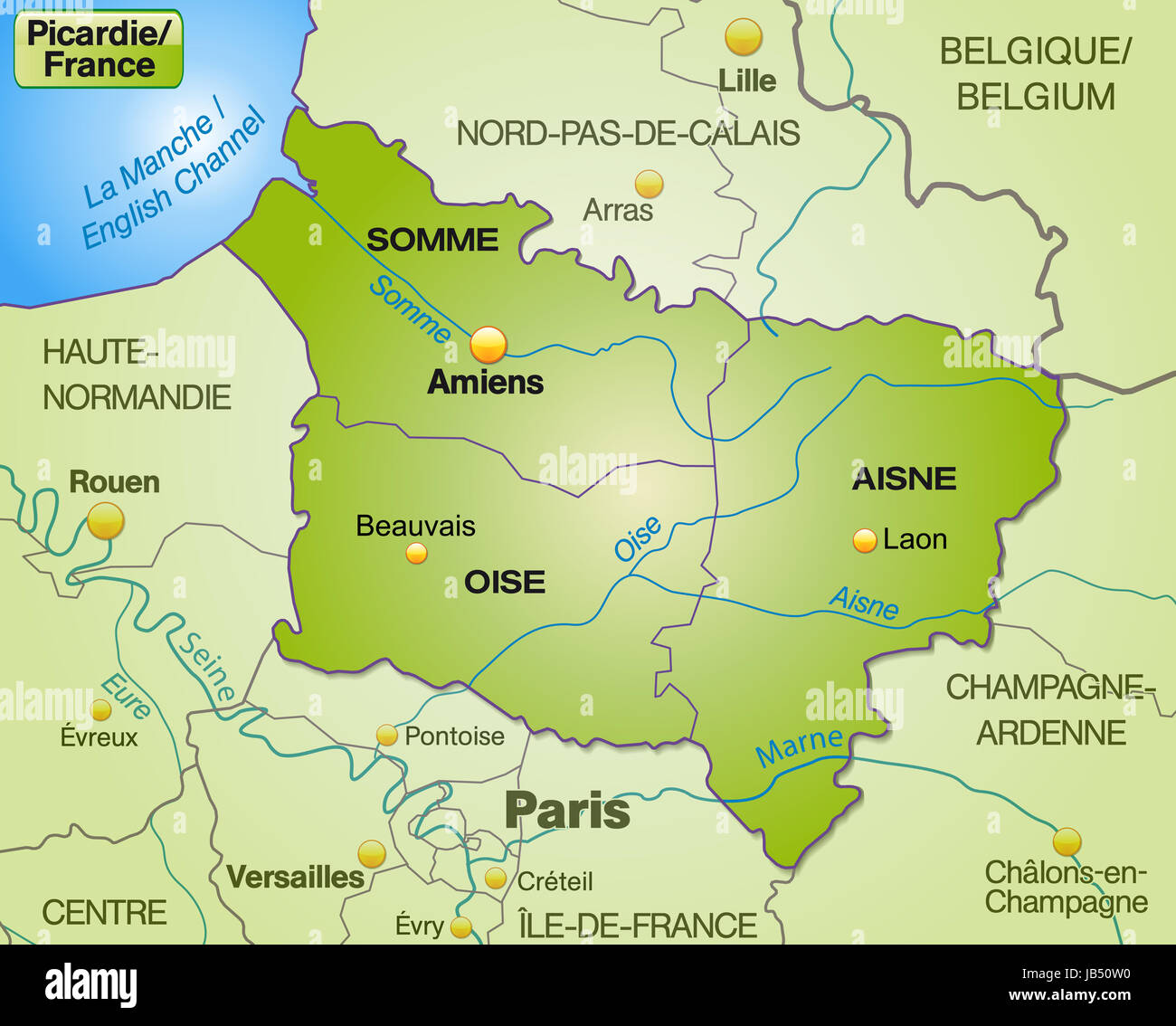 Picardie in Frankreich als Umgebungskarte mit Nachbarländern mit