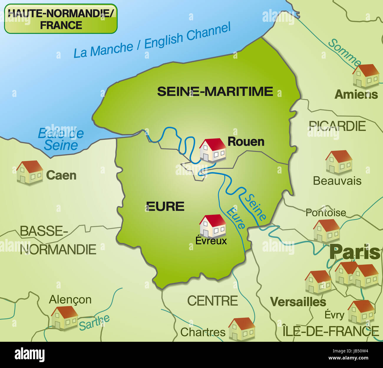 Haute-Normandie in Frankreich als Umgebungskarte mit Nachbarländern mit Grenzen als bildhafte Dartstellung. Diese Karte ist besonders gut geeignet für den Einsatz im Internet. Durch die ansprechende Gestaltung fügt sich die Karte perfekt in Ihr Vorhaben ein. Stock Photo