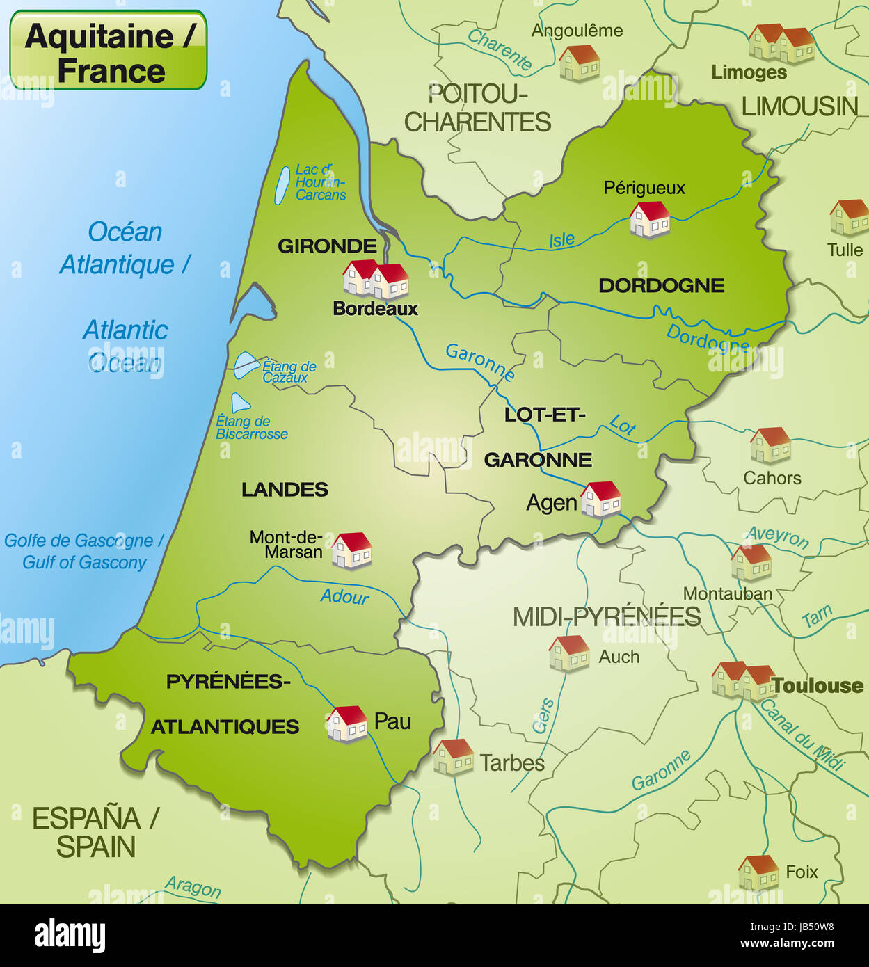 Aquitanien in Frankreich als Umgebungskarte mit Nachbarländern mit