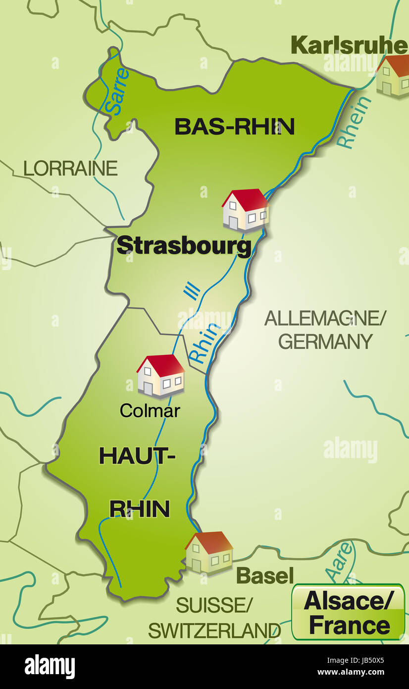 Elsass in Frankreich als Umgebungskarte mit Nachbarländern mit Grenzen