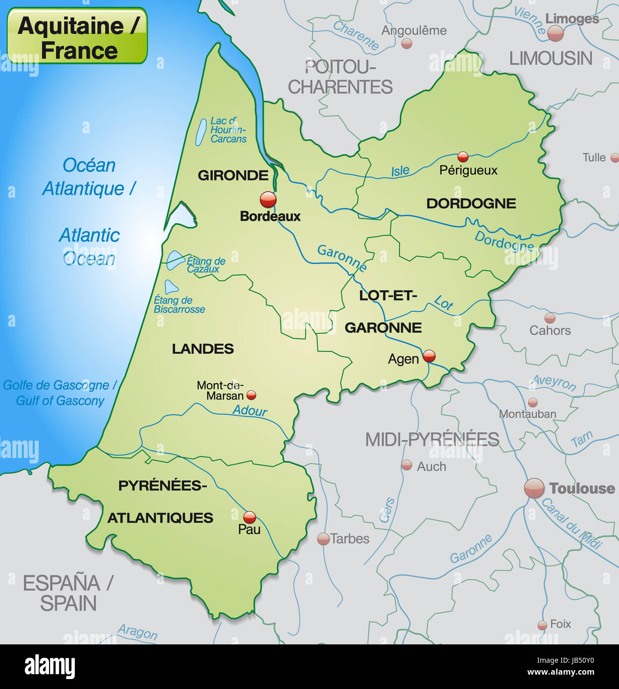 Aquitanien in Frankreich als Umgebungskarte mit Nachbarländern mit