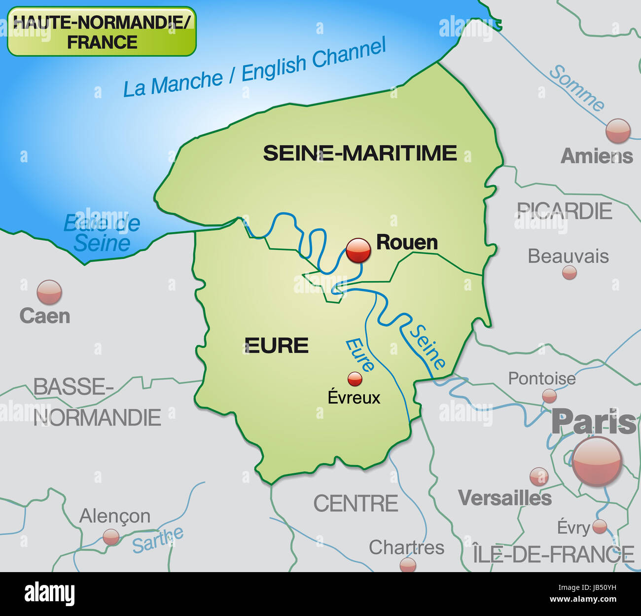 Haute-Normandie in Frankreich als Umgebungskarte mit Nachbarländern mit Grenzen in Pastellgrün. Durch die ansprechende Gestaltung fügt sich die Karte perfekt in Ihr Vorhaben ein. Stock Photo