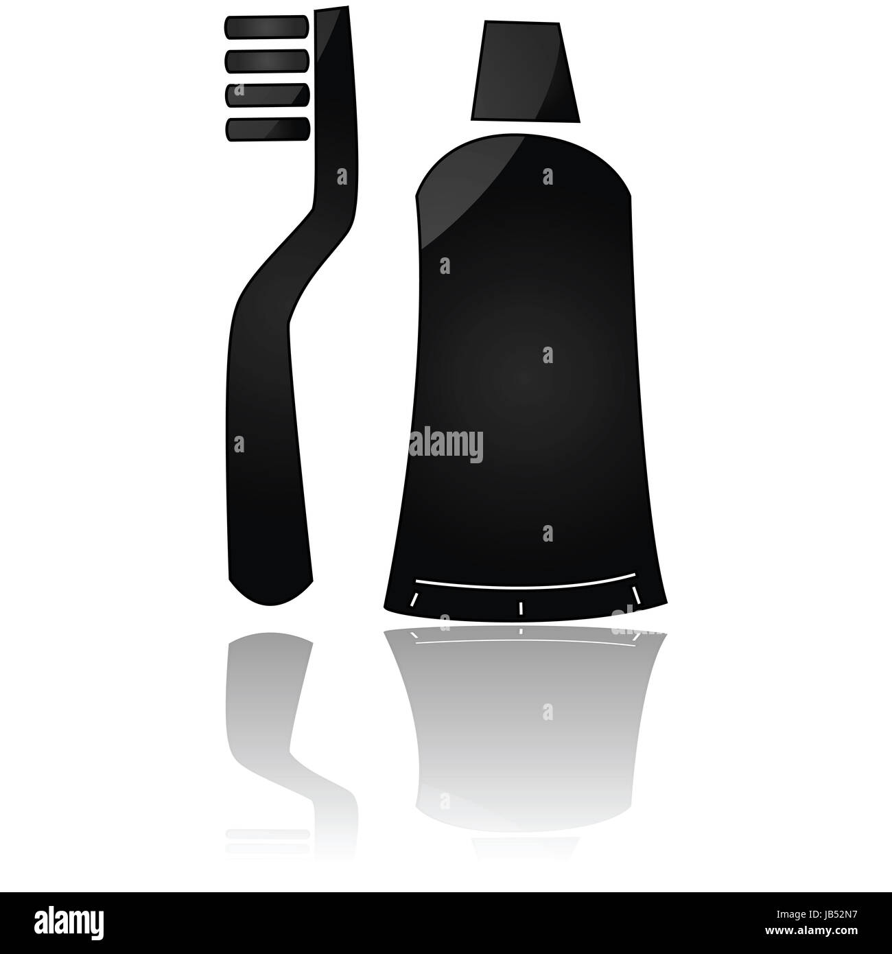 Glossy icon of a toothbrush and toothpaste tube reflected on a white ...