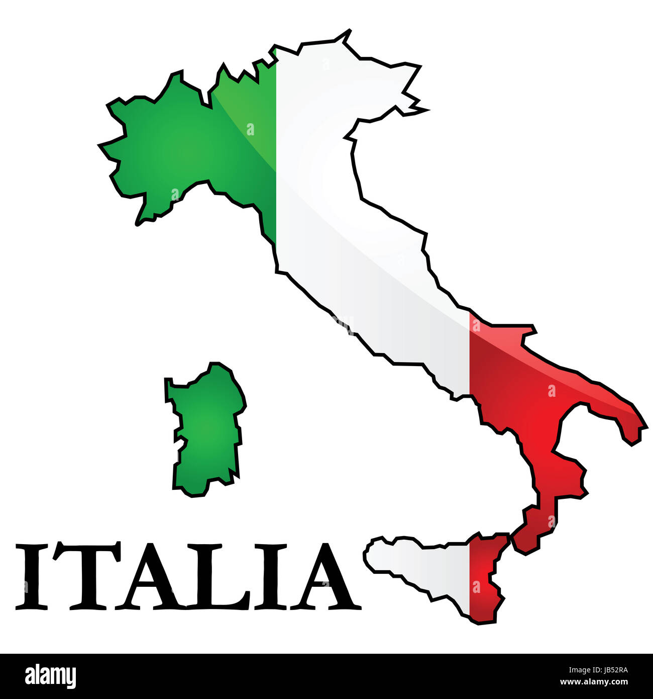 Glossy illustration showing the flag of Italy placed on top of the country's map. Stock Photo