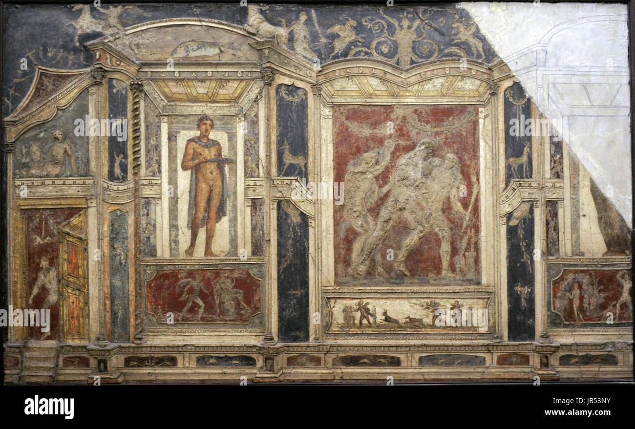 Fresco. Architectural ornaments along with figurative pictures of mythological. Pompeii, Italy. National Archaeological Museum. Naples. Italy. Stock Photo