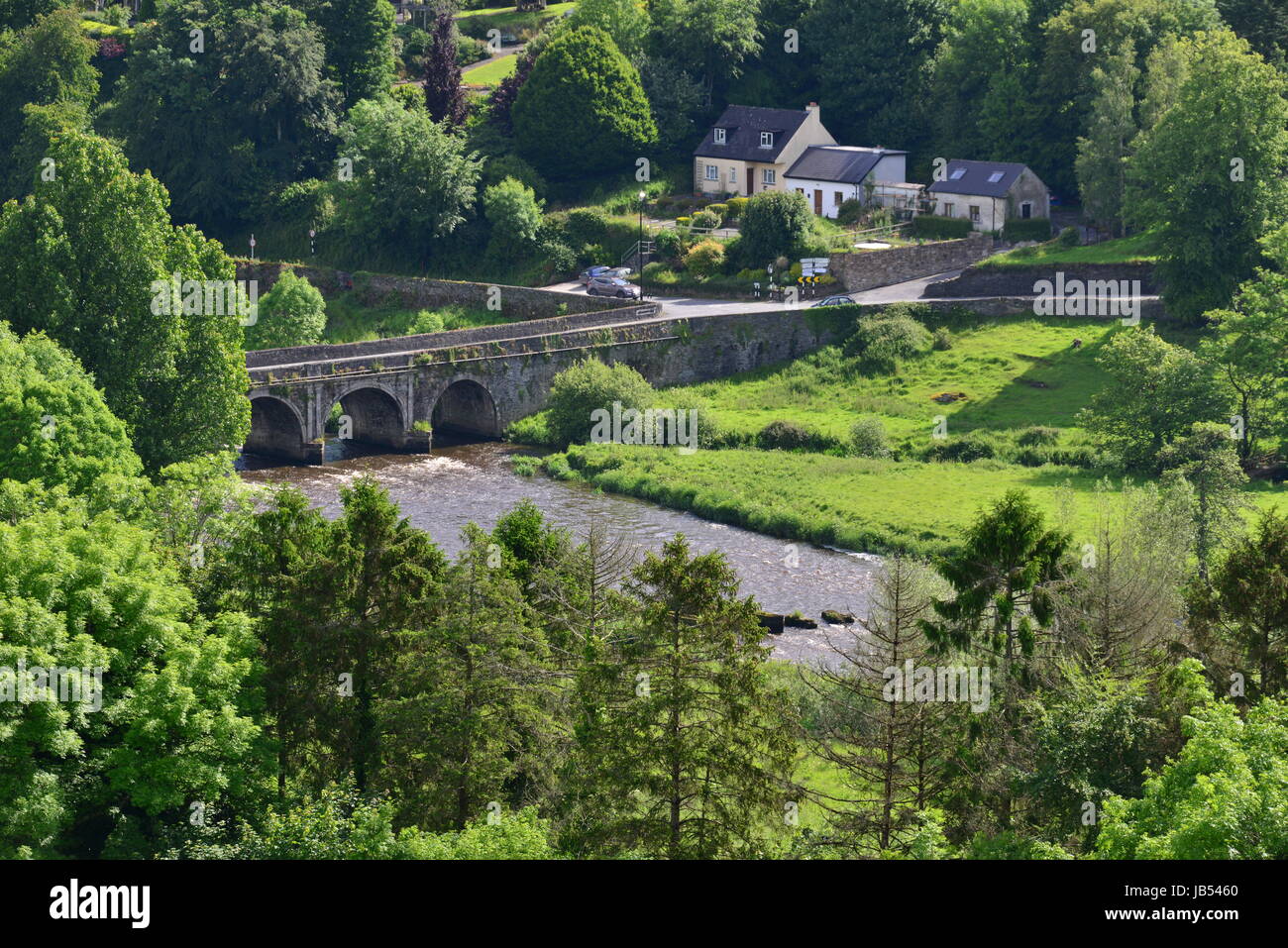 Looking down into the valley at the village of Inistioge in Summertime Stock Photo