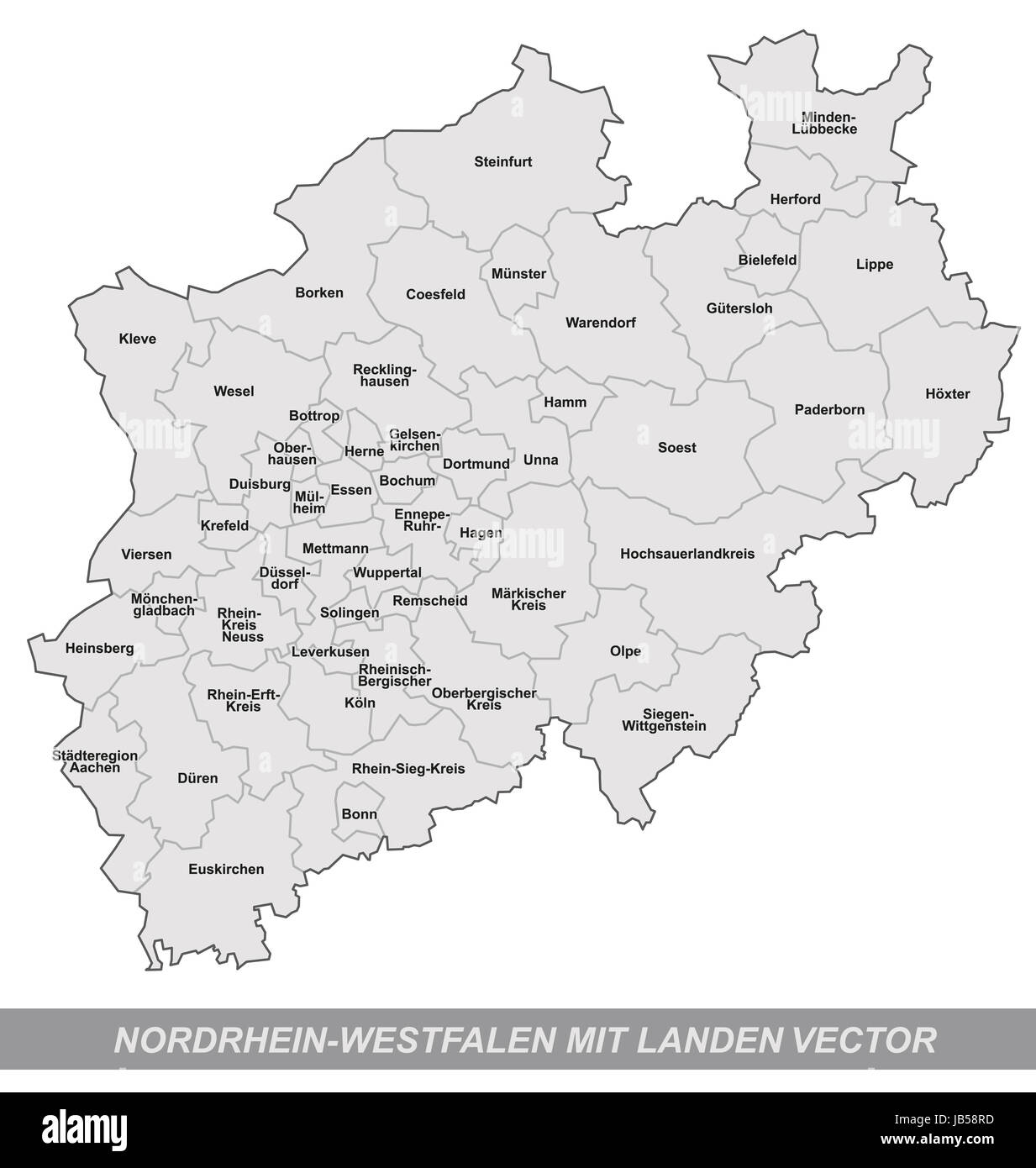 Nordrhein-Westfalen in Deutschland als Inselkarte mit Grenzen in Grau. Durch die ansprechende Gestaltung fügt sich die Karte perfekt in Ihr Vorhaben ein. Stock Photo