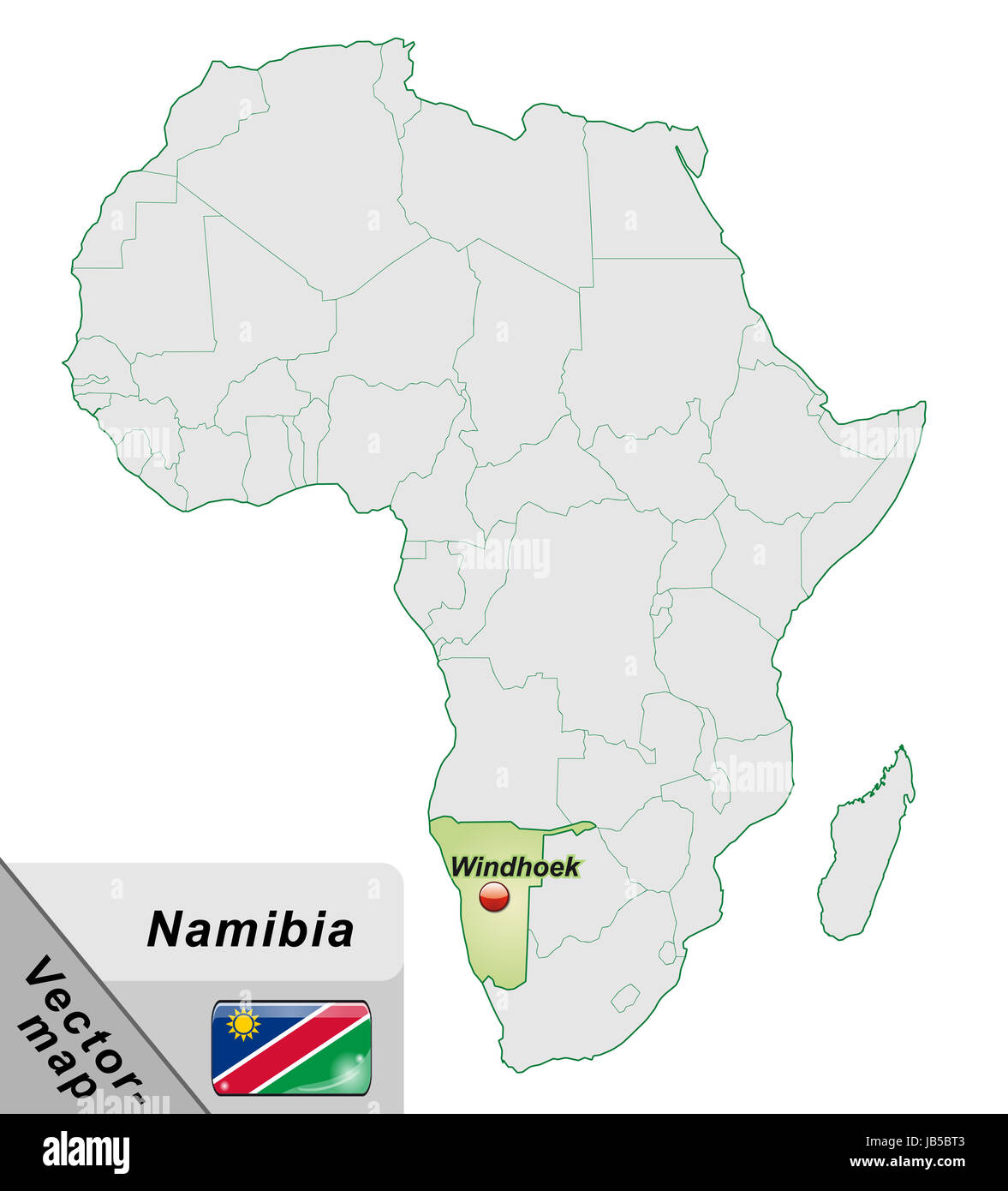 Namibia in  Afrika als Inselkarte  in Pastellgrün. Durch die ansprechende Gestaltung fügt sich die Karte perfekt in Ihr Vorhaben ein. Stock Photo