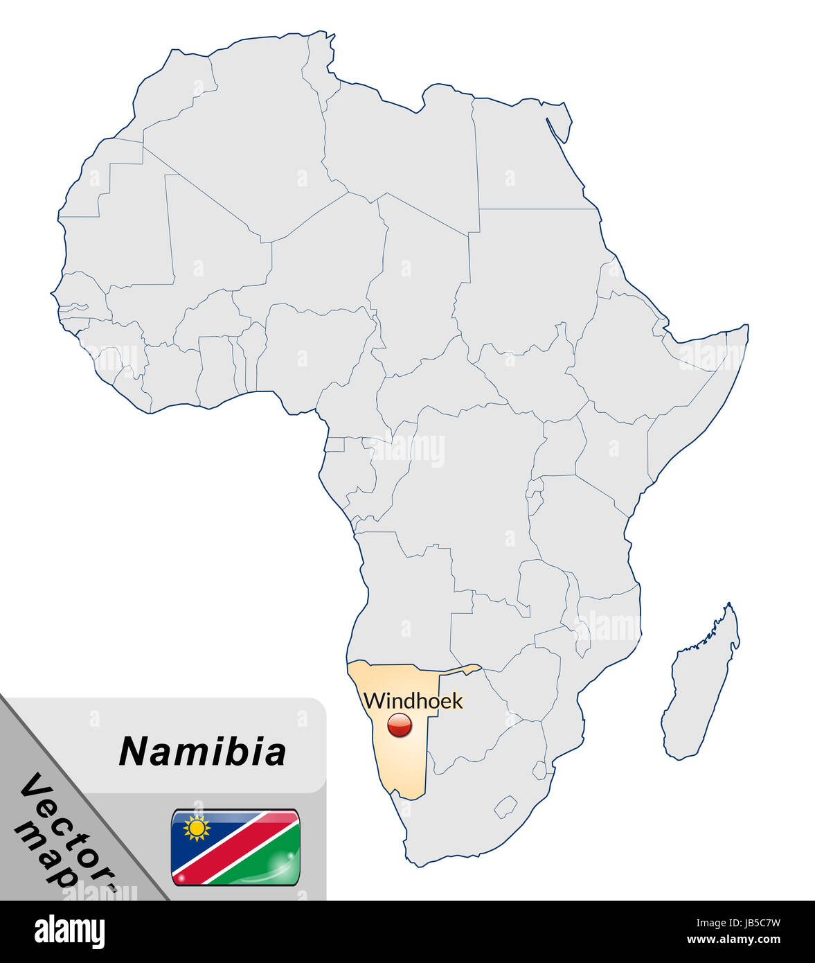 Namibia in  Afrika als Inselkarte  in Pastellorange. Durch die ansprechende Gestaltung fügt sich die Karte perfekt in Ihr Vorhaben ein. Stock Photo