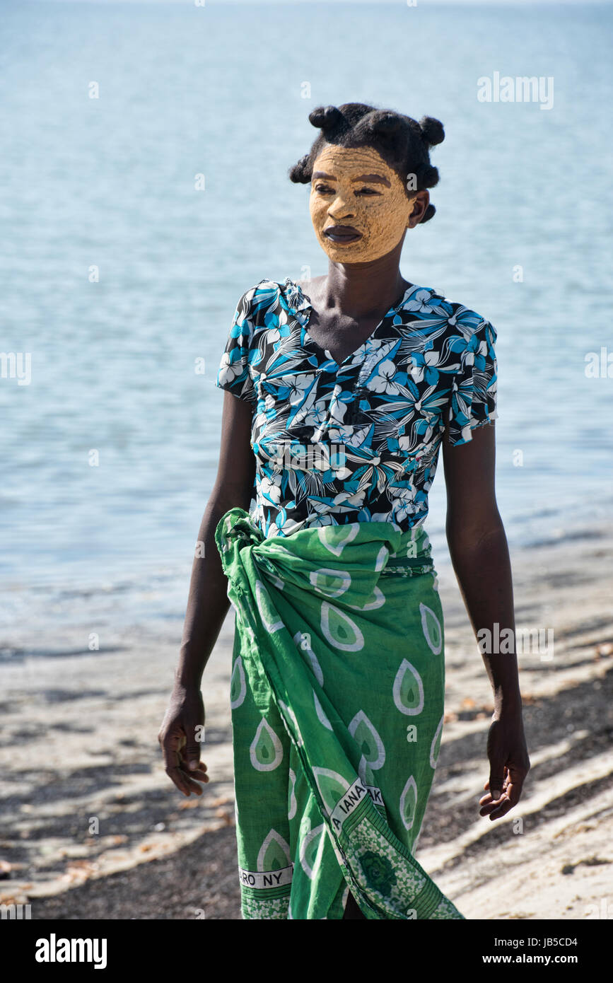 Sakalava woman with Tabaky face paint, Morondava, Madagascar Stock Photo