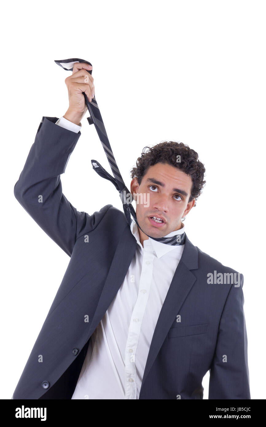 exhausted businessman in suit hanging himself on tie Stock Photo