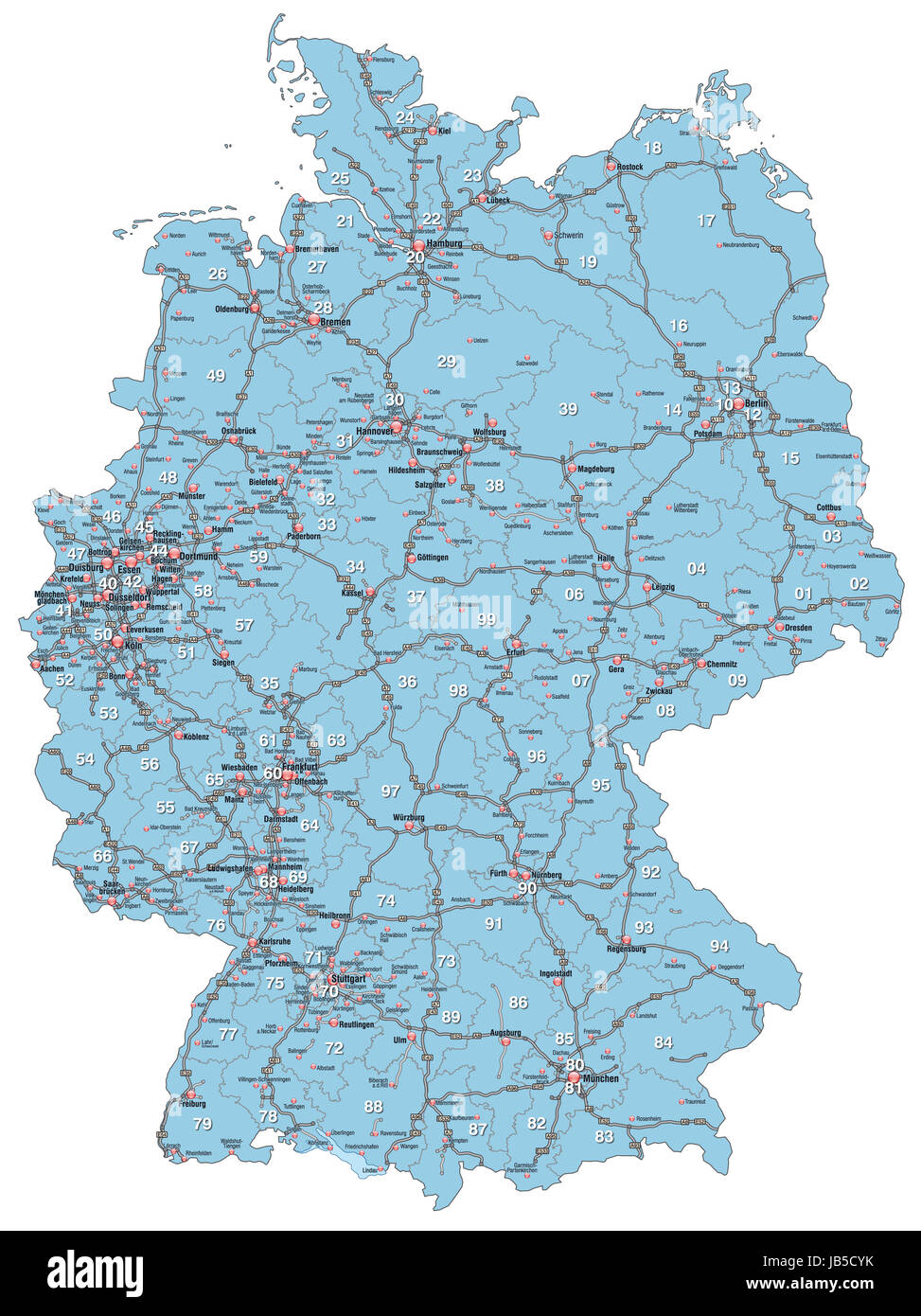 Die Karte ist modern gestaltet und enthält die Postleitzahlengebiete, große Städte und das 