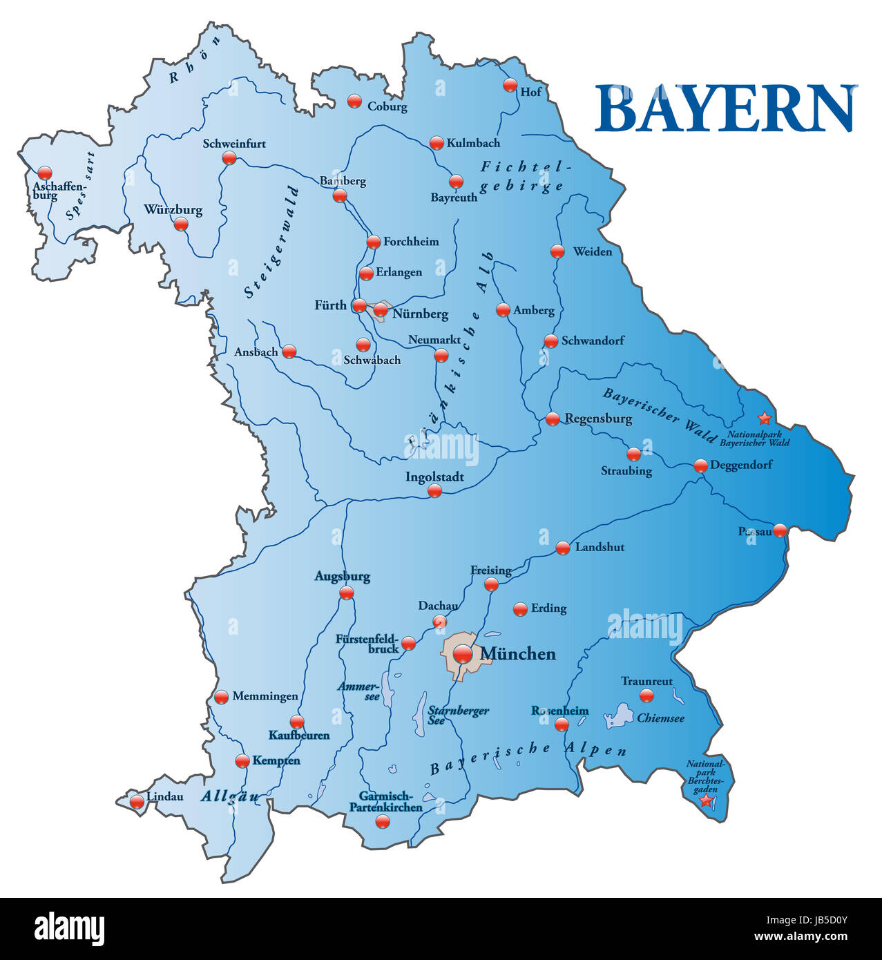 Die Karte ist modern gestaltet und enthält alle wichtigen Topographischen Informationen. Städte, Gewässernetz, Höhenzüge sowie Flugplätze sind enthalten.  Bei der Darstellung des Gebietes wurde besonders großer Wert auf die Übersichtlichkeit gelegt. Die Karte kann sofort eingesetzt werden und ist optimiert für den Druck und den Einsatz in digitalen Medien. Der Farbmodus ist RGB. Stock Photo