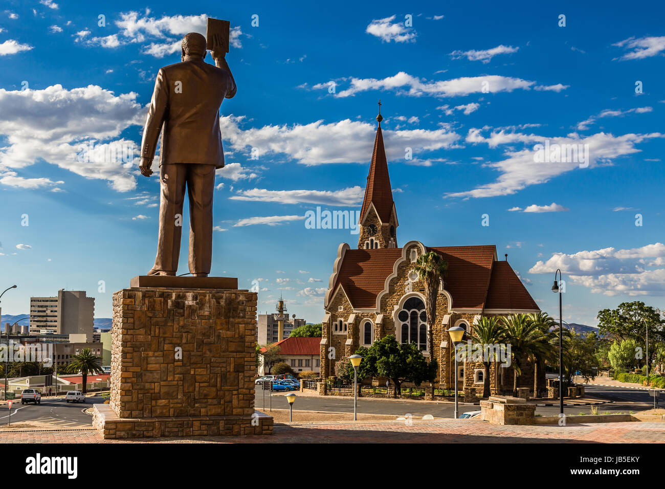 First Namibian President monument and Luteran Christ Church in the center of Windhoek, Namibia Stock Photo