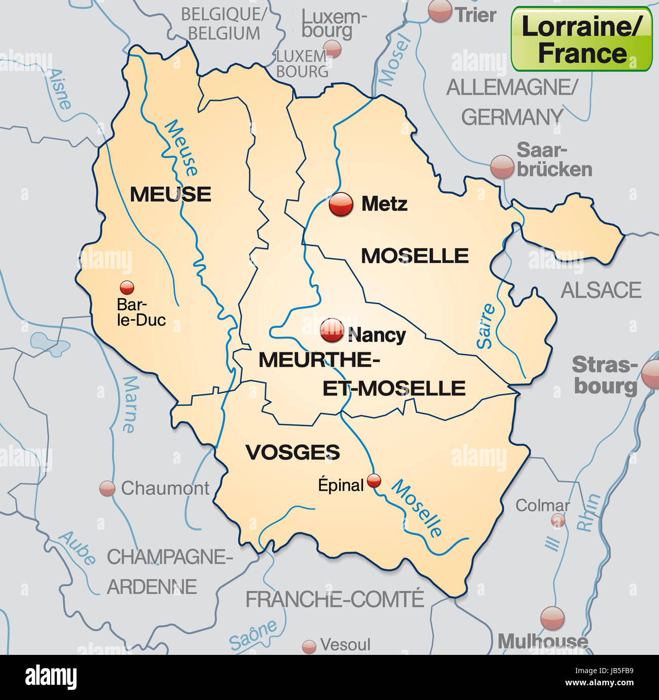 Lothringen in Frankreich als Umgebungskarte mit Grenzen in