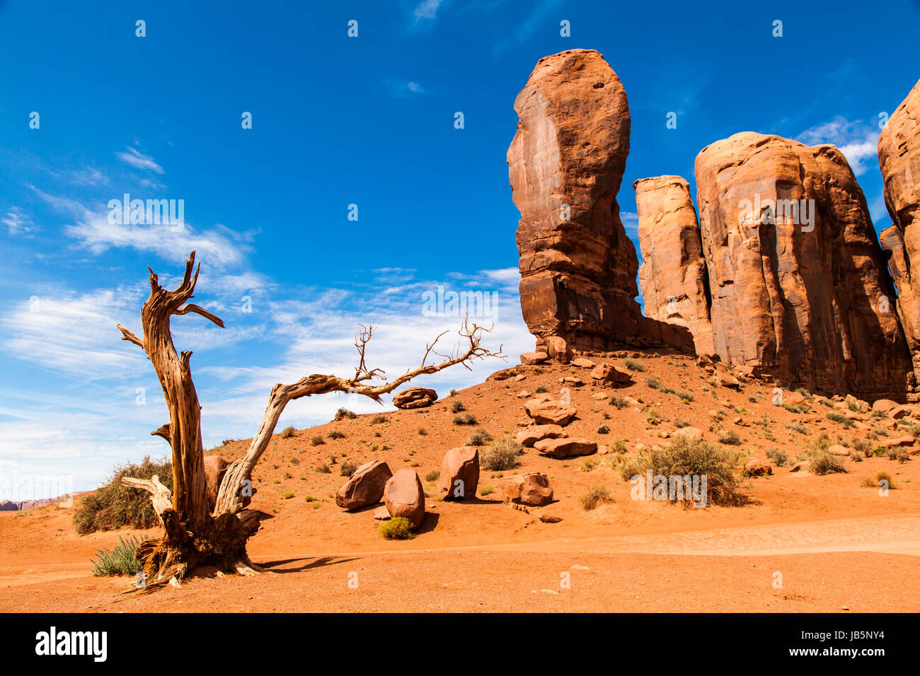 Complementary colours blue and orange in this iconic view of Monument Valley, USA Stock Photo