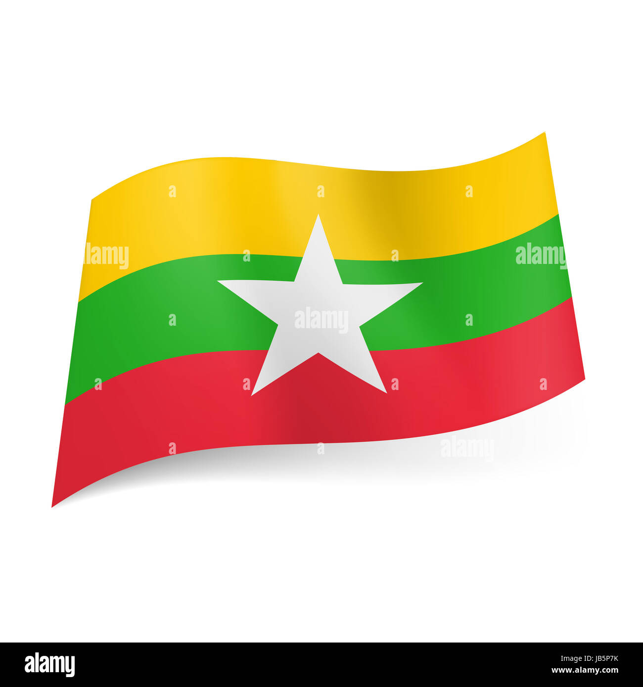 National flag of Republic of the Union of Myanmar: yellow, green and red  horizontal stripes with white star in centre Stock Photo - Alamy