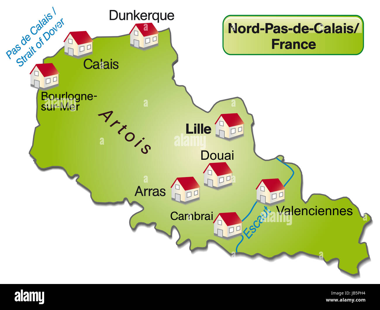 Nord-Pas-de-Calais in Frankreich als Inselkarte  mit allen wichtigen topografischen Informationen. Diese Karte ist besonders gut geeignet für den Einsatz im Internet. Die Karte kann sofort für Ihr Vorhaben eingesetzt werden. Stock Photo