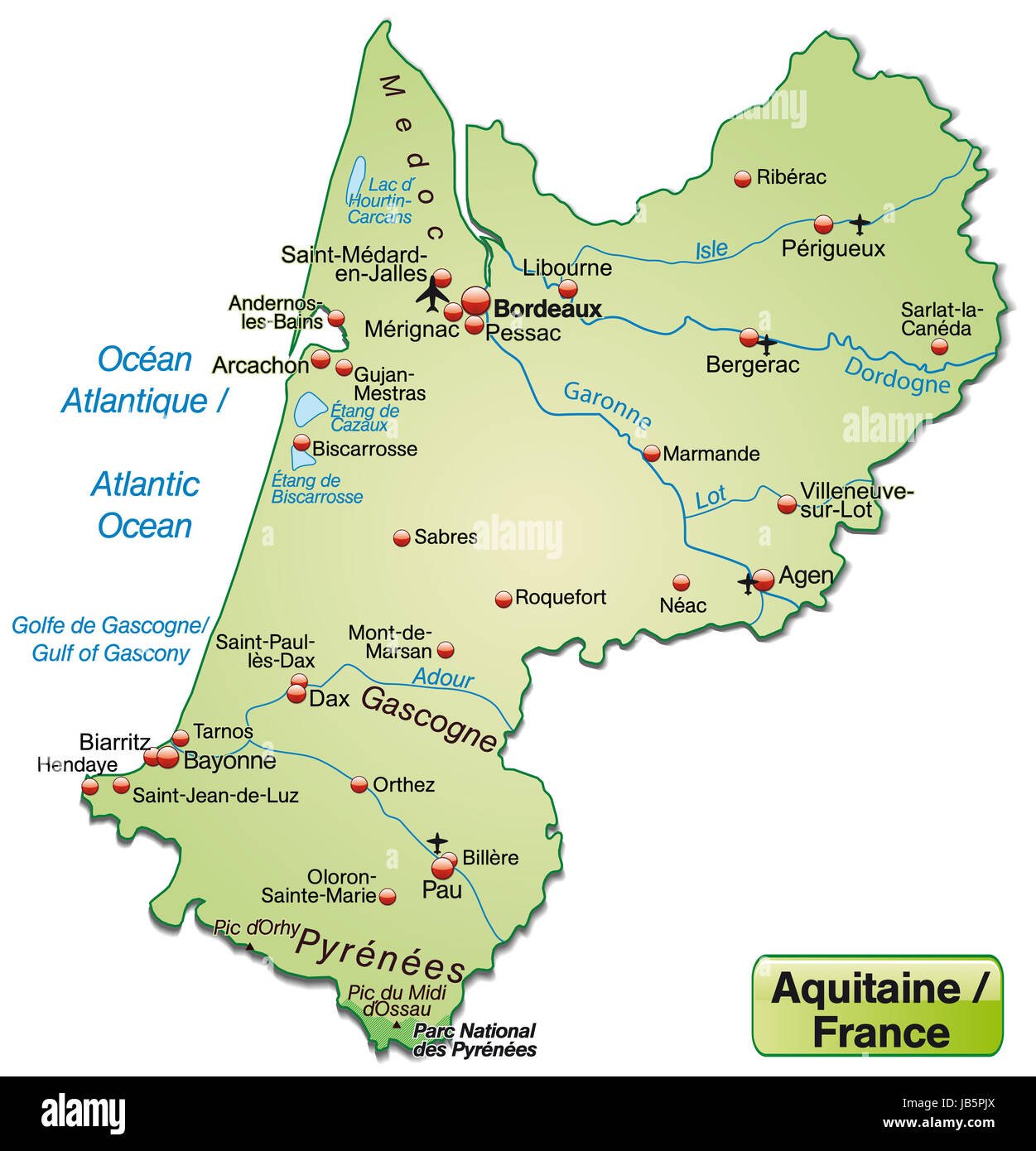 Aquitanien in Frankreich als Inselkarte (das dagestellte Gebiet ist