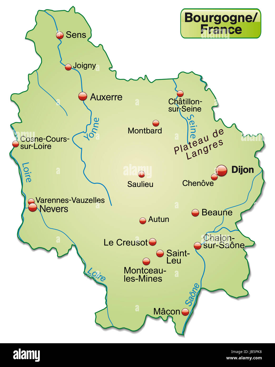 Burgund in Frankreich als Inselkarte (das dagestellte Gebiet ist freigestellt)  mit allen wichtigen topografischen Informationen in Pastellgrün. Die Karte ist optimiert für den Druck und den Einsatz in digitalen Medien. Stock Photo