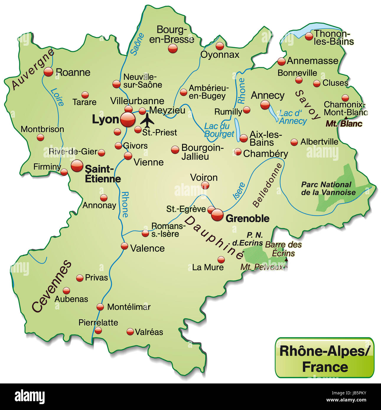 Rhône-Alpes in Frankreich als Inselkarte mit allen wichtigen topografischen  Informationen in Pastellgrün. Die Karte kann sofort für Ihr Vorhaben  eingesetzt werden Stock Photo - Alamy